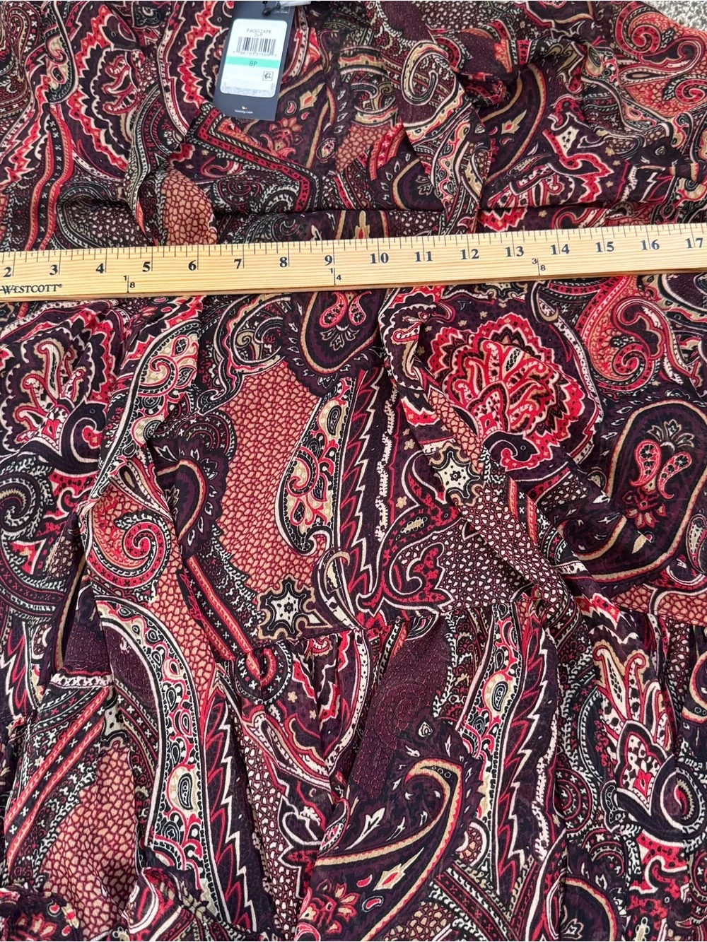 Tommy Hilfiger Paisley Dress 8P Petite Red Burgundy Tie Neck Ruffle Sleeve Boho - Picture 7 of 9